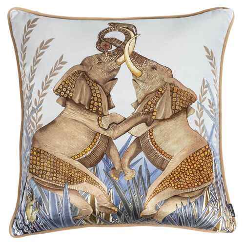 Dancing Elephants 24x24 Pillow, Gray/Blue Velvet 1 Dancing Elephants 24x24 Pillow, Gray/Blue Velvet