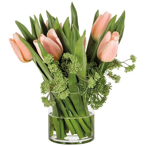14" Tulips Fresh?Cut in Glass Vase, Faux 1 14" Tulips Fresh?Cut in Glass Vase, Faux