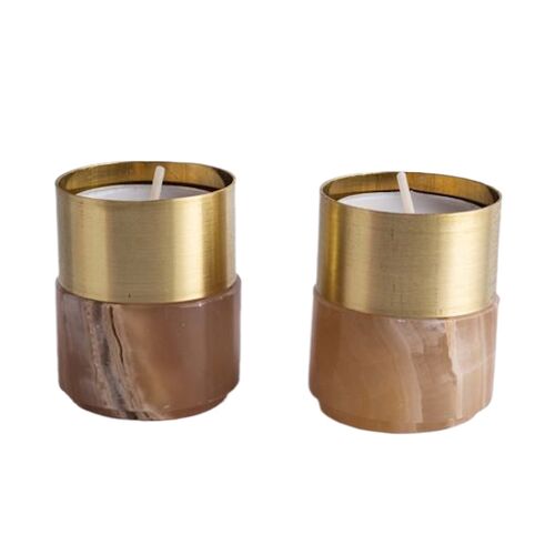 AndJacob Candle Holder, Brass, Amber Alabaster