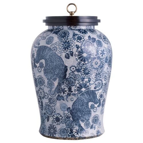 Siberian Tiger Jar w/ Wooden Lid, Blue 1 Siberian Tiger Jar w/ Wooden Lid, Blue