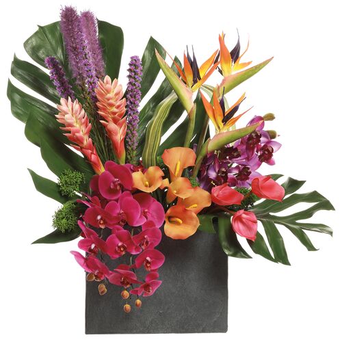 34" Orchid/Hawaiian Ginger/Bird?of Paradise Arrangement in Planter, Faux 1 34" Orchid/Hawaiian Ginger/Bird?of Paradise Arrangement in Planter, Faux
