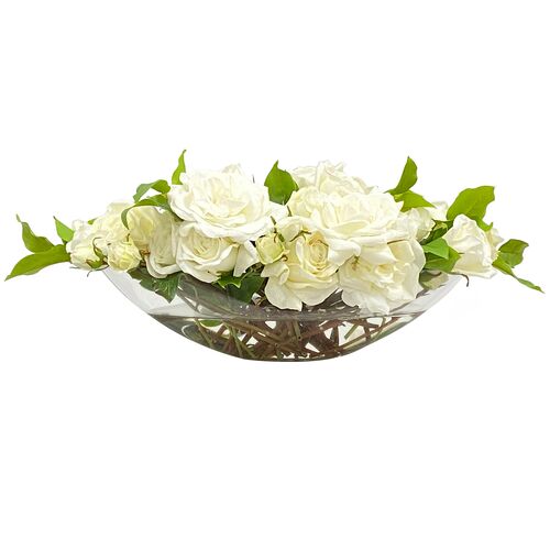 Faux White Roses In Glass Bowl, White/Green 1 Faux White Roses In Glass Bowl, White/Green