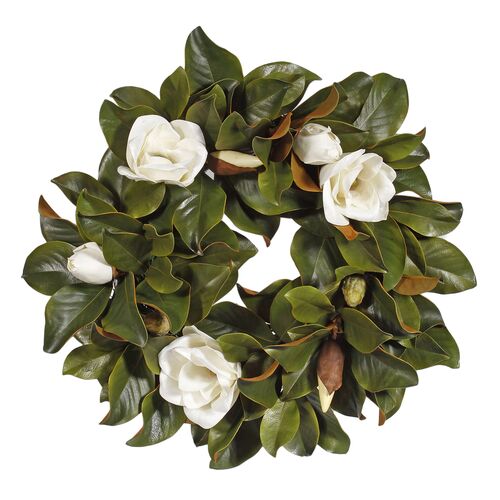 24" Magnolia Wreath, Green/White 1 24" Magnolia Wreath, Green/White