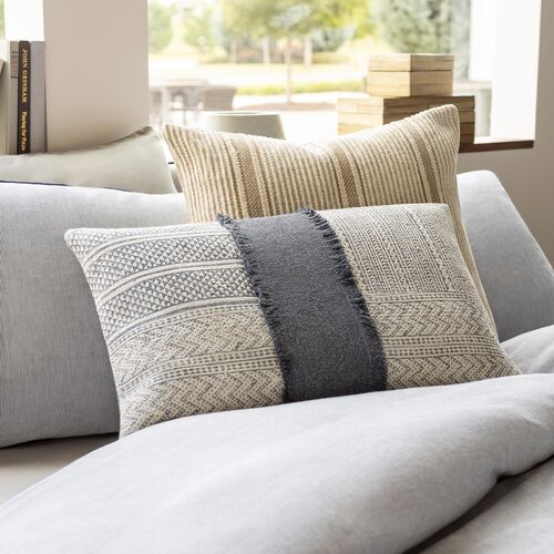 Roanna Patchwork 14"x22" Lumbar Pillow I, Cream/Blue 2 Roanna Patchwork 14"x22" Lumbar Pillow I, Cream/Blue