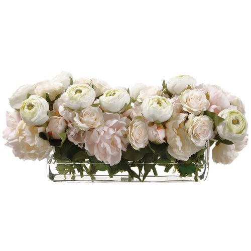 10" Peony/Ranunculus/Rose Arrangement in?Glass Vase, Faux 1 10" Peony/Ranunculus/Rose Arrangement in?Glass Vase, Faux