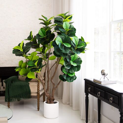 Faux Grand Fiddle Leaf Tree in White Decorative Planter 2 Faux Grand Fiddle Leaf Tree in White Decorative Planter