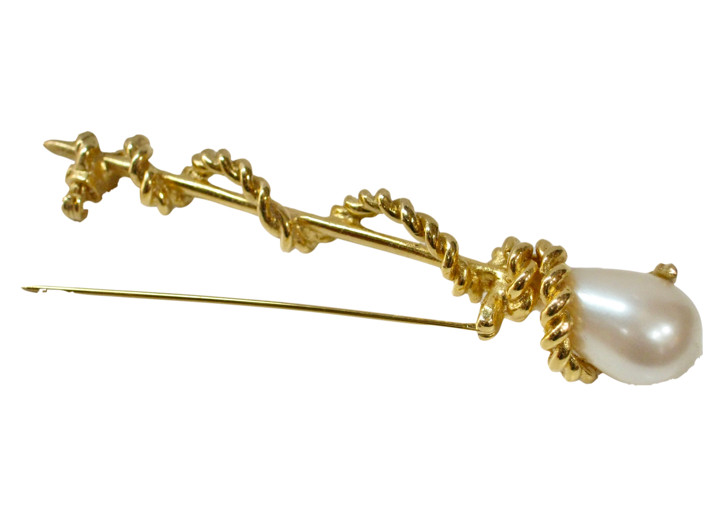 1980s Gold Twisted Cable Pearl Brooch