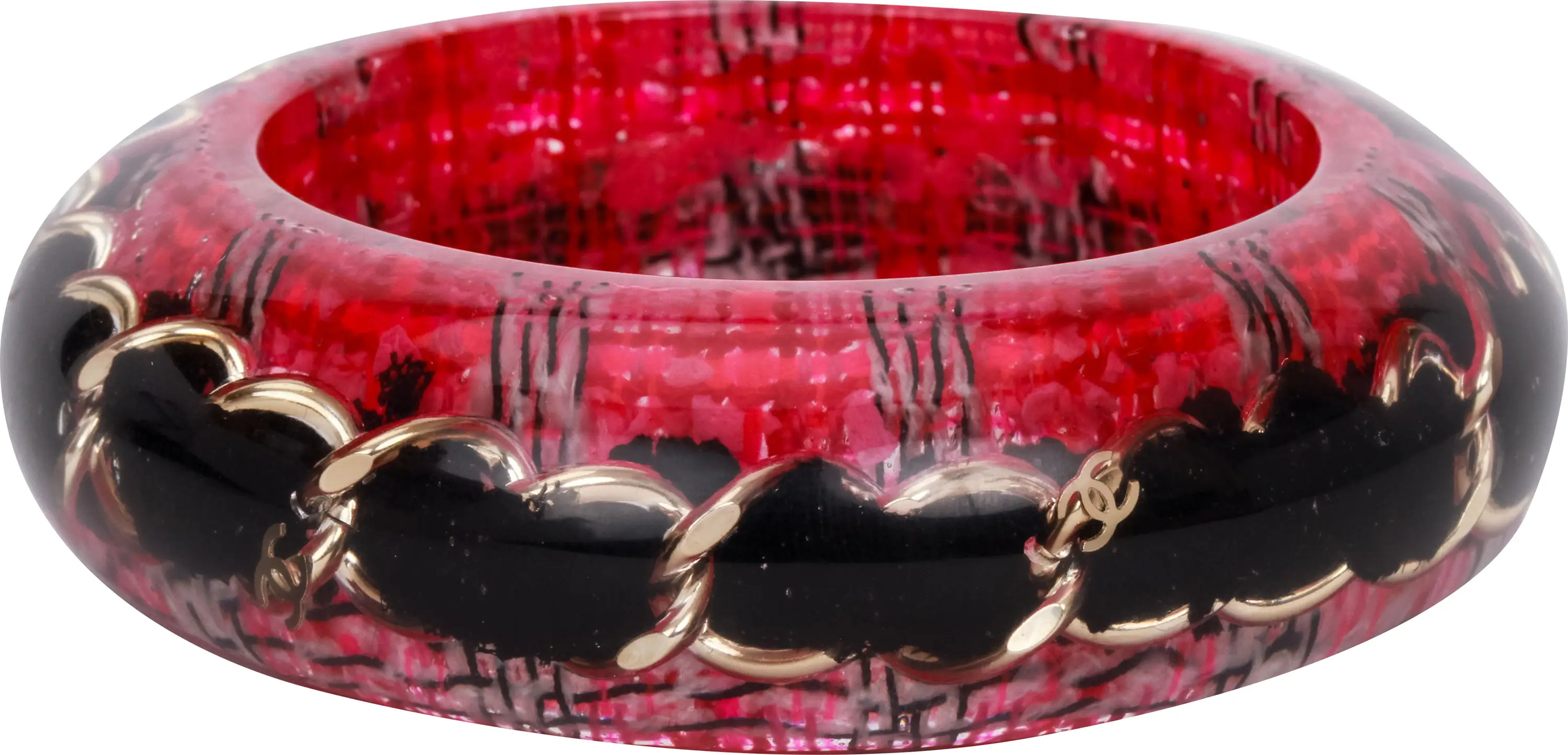 Chanel Tweed Black Inlay Lucite Bangle 1 Chanel Tweed Black Inlay Lucite Bangle