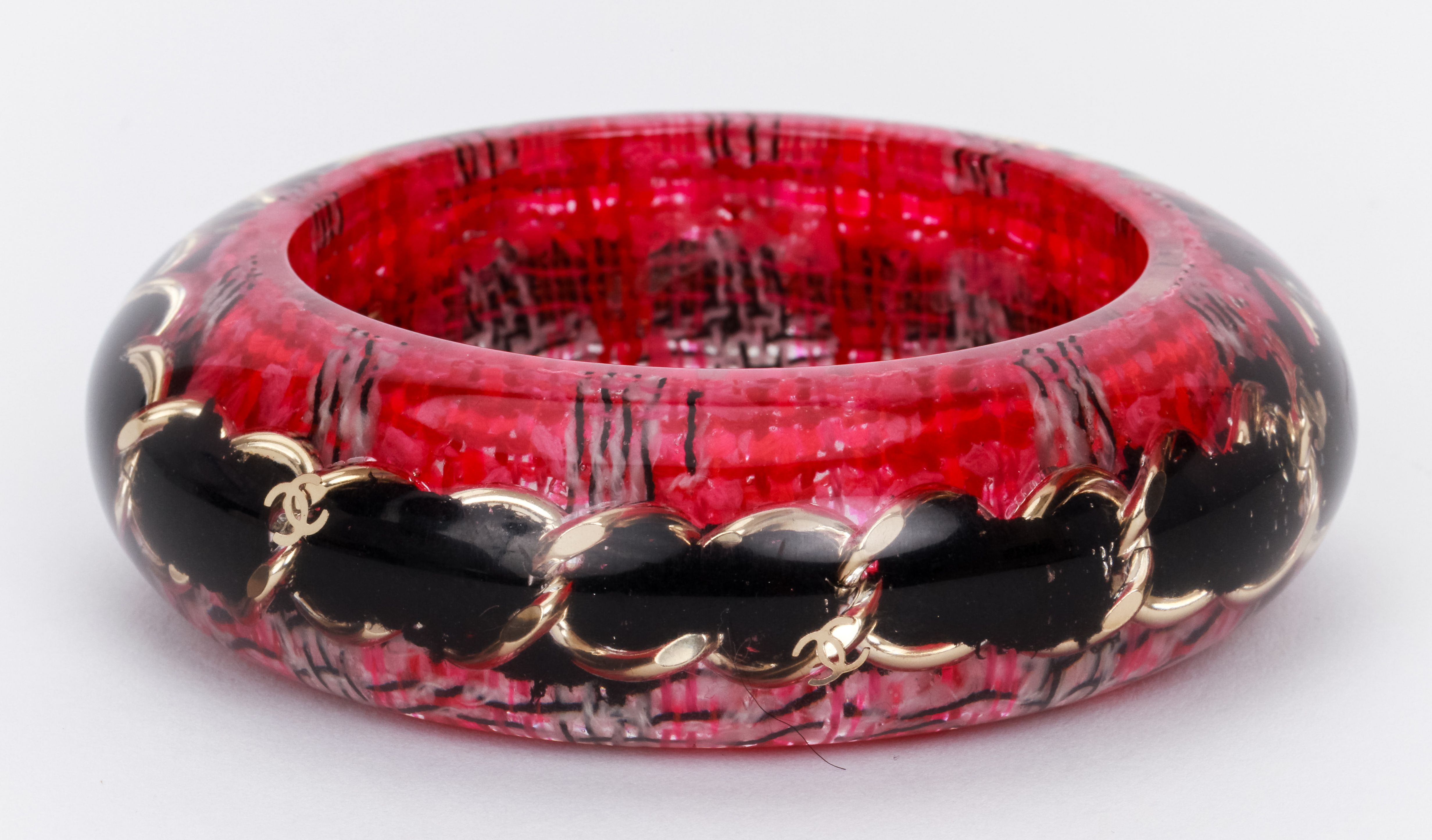 Chanel Tweed Black Inlay Lucite Bangle 2 Chanel Tweed Black Inlay Lucite Bangle