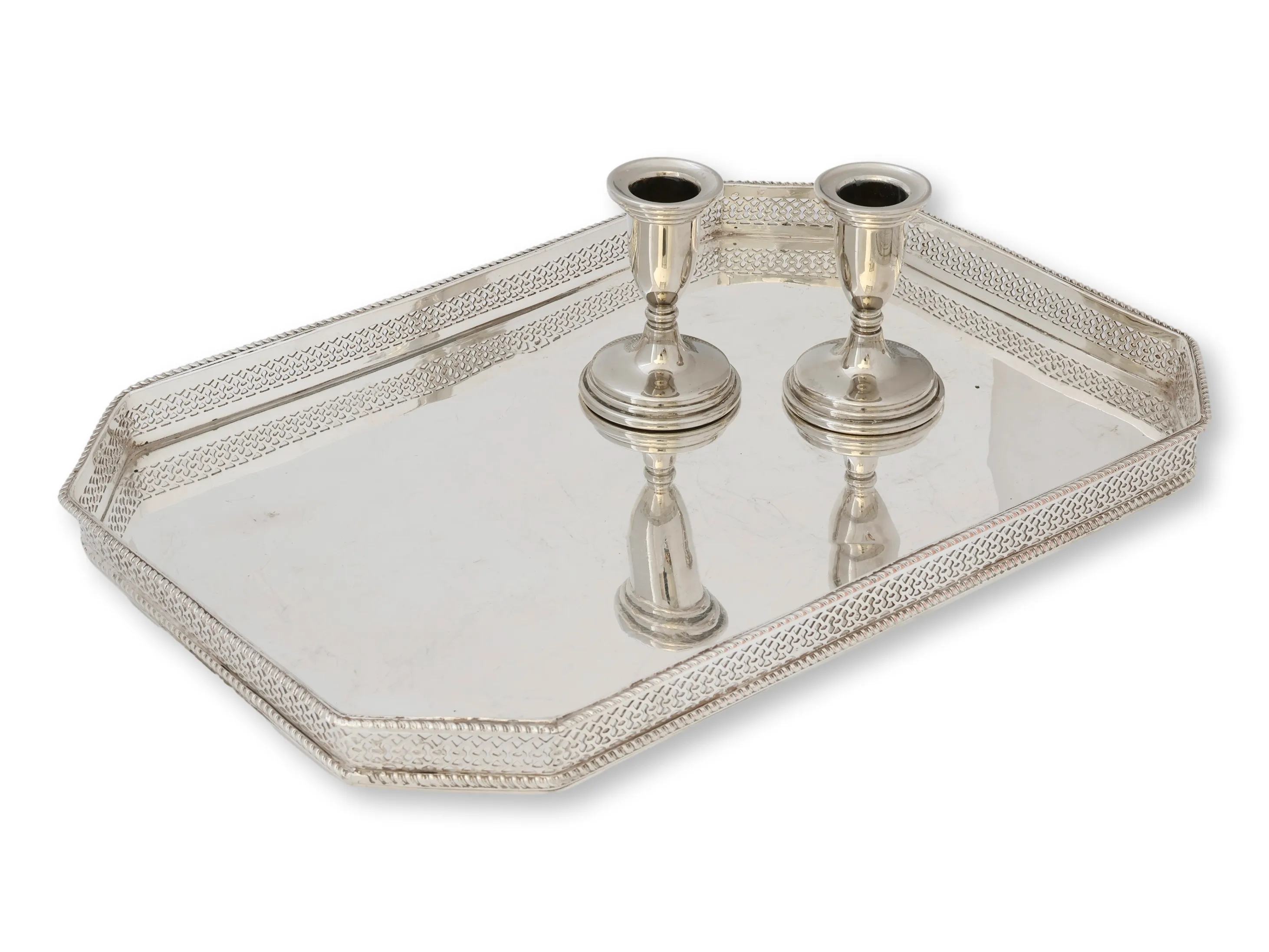 English Mirror FInish Tray &Candlesticks 6 English Mirror FInish Tray &Candlesticks