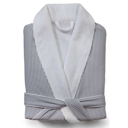 Seersucker Bathrobe, White/Gray