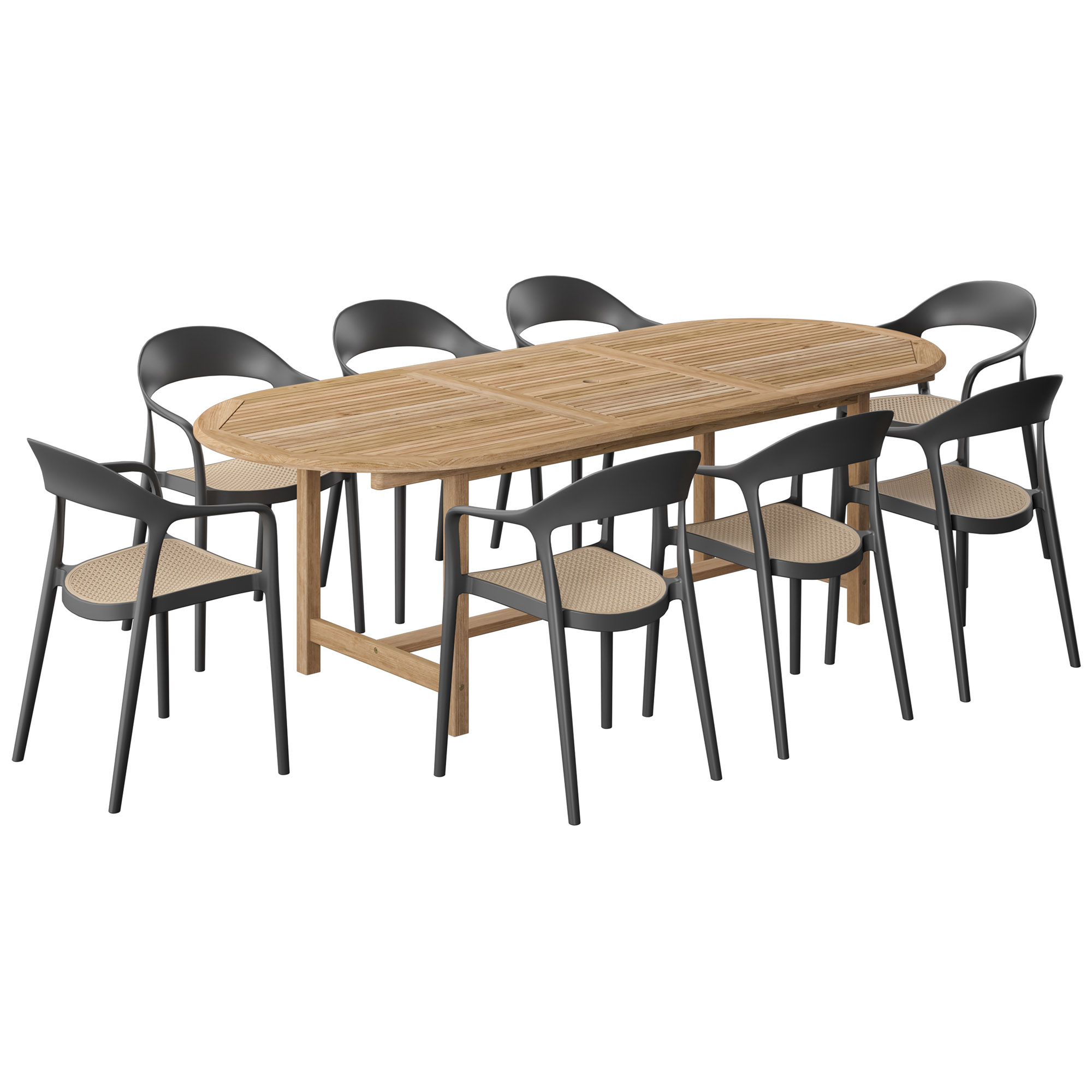 Lanai 9-Pc Outdoor Teak Extension Oval Dining Set, Natural/Black