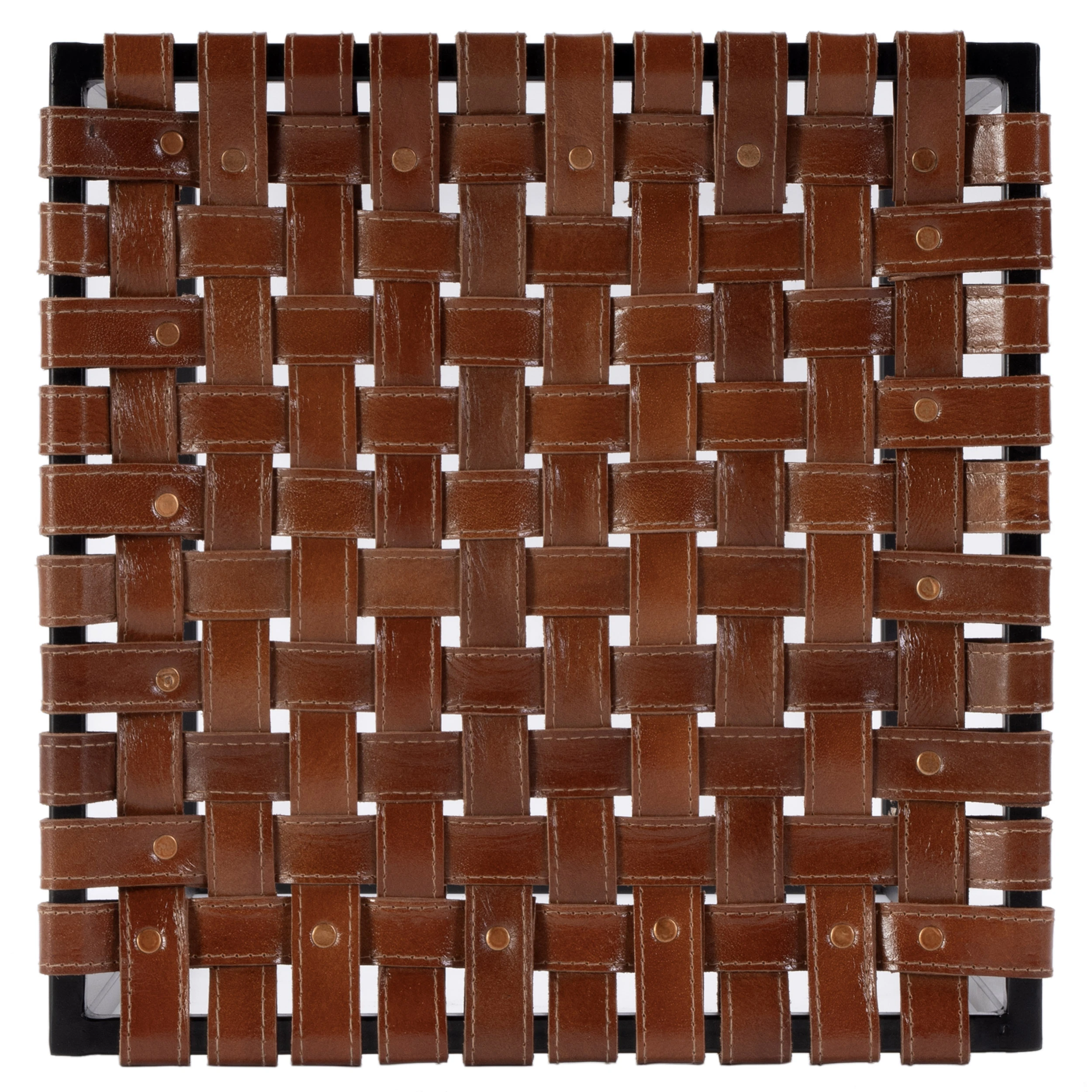 Callen Leather Basketweave Bar Stool, Brown/Black 3 Callen Leather Basketweave Bar Stool, Brown/Black