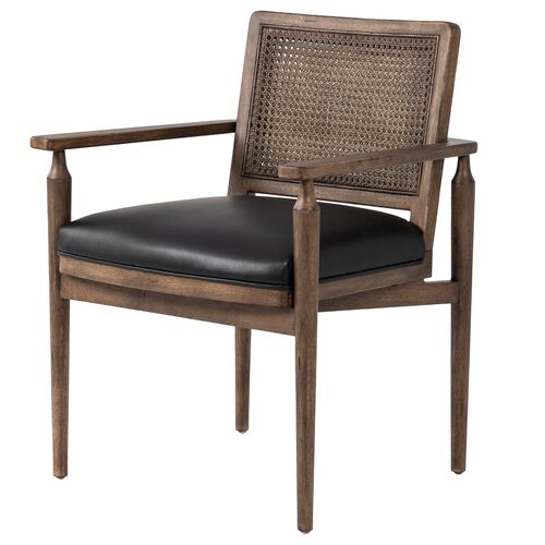 Freya Cane Dining Armchair, Carson Black Leather