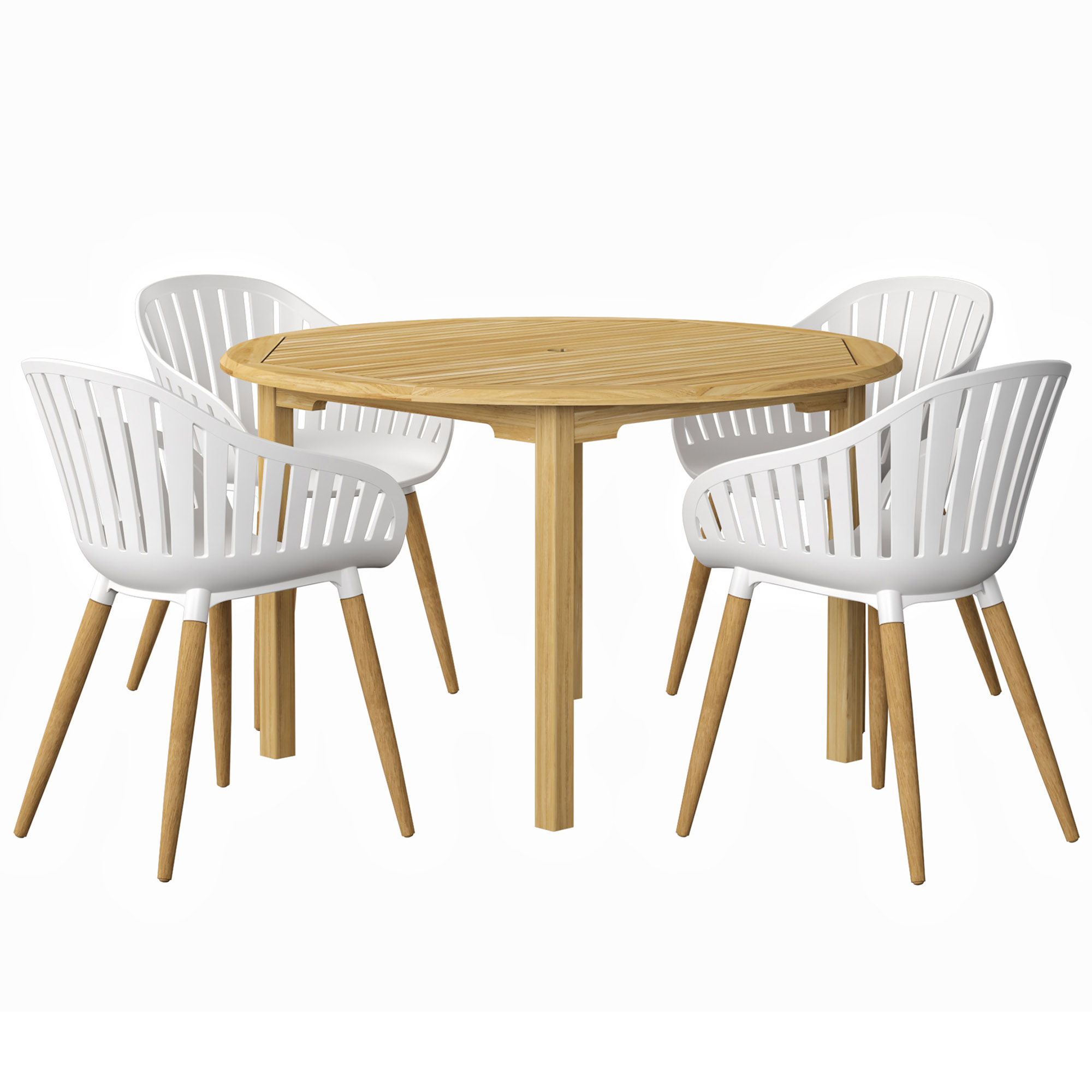 Cayana 5-Pc Round Outdoor Teak Dining Set, Natural/White 1 Cayana 5-Pc Round Outdoor Teak Dining Set, Natural/White