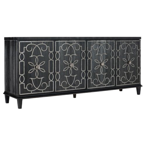 Melange Madeline 4-Door 2-Drawer Pine Credenza, Black/Silver 1 Melange Madeline 4-Door 2-Drawer Pine Credenza, Black/Silver