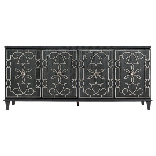 Melange Madeline 4-Door 2-Drawer Pine Credenza, Black/Silver 3 Melange Madeline 4-Door 2-Drawer Pine Credenza, Black/Silver